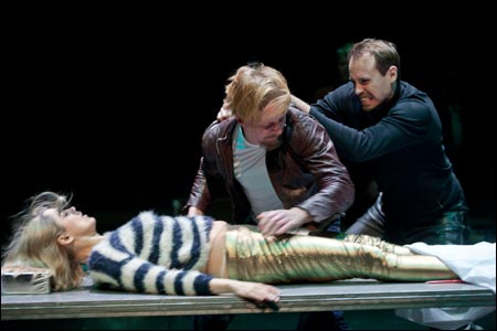 The burial of Ophelia (Anna-Maija Tuokko): Hamlet (Eero Aho) is under attack by Laertes (Tommi Rantamäki) in Kari Heiskanen's production of HAMLET at Helsinki City Theatre. Photo courtesy: Stefan Bremer